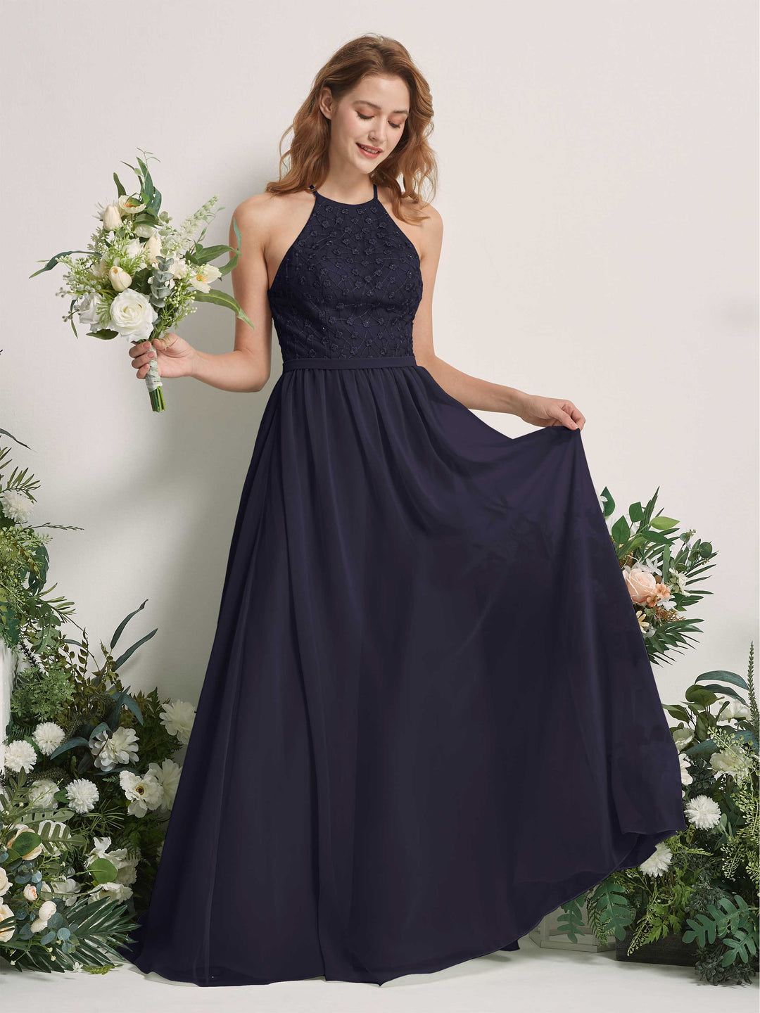 Carlyna A-Linien-Kleid Rundhals Bodenlang Brautjungfernkleider Dunkel Marineblau 