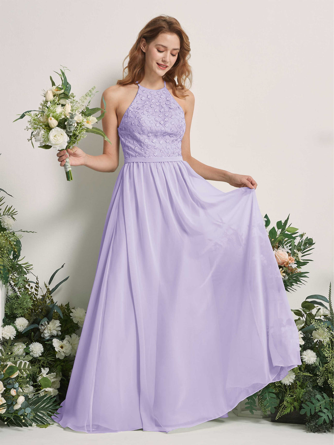 Carlyna A-Linien-Kleid Rundhals Bodenlang Brautjungfernkleider Flieder 