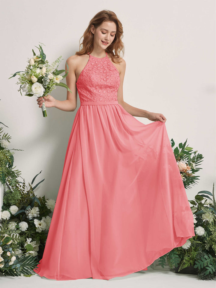 Carlyna A-Linien-Kleid Rundhals Bodenlang Brautjungfernkleider Korallenrosa 