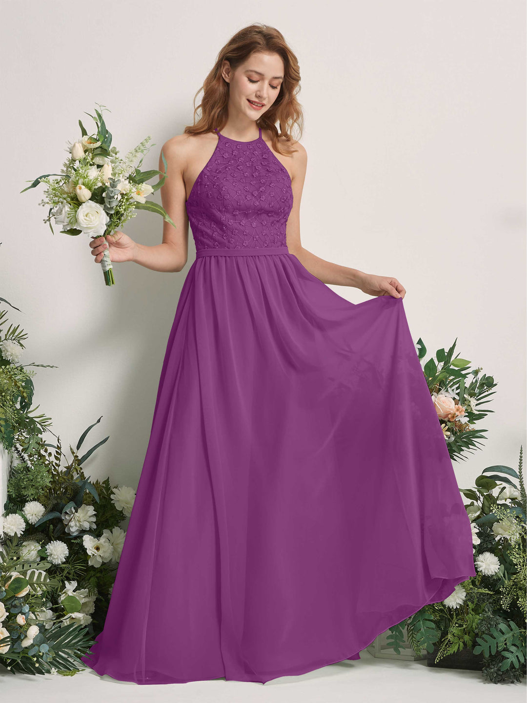 Carlyna A-Linien-Kleid Rundhals Bodenlang Brautjungfernkleider Lila 