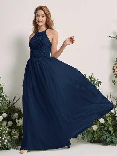 Carlyna A-Linien-Kleid Rundhals Bodenlang Brautjungfernkleider Marineblau #farbe_marineblau