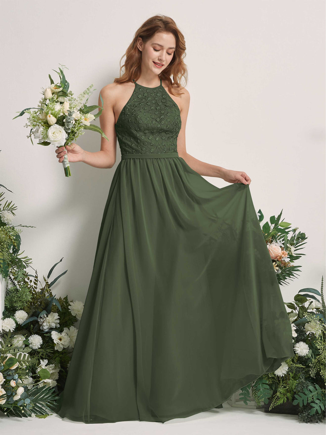 Carlyna A-Linien-Kleid Rundhals Bodenlang Brautjungfernkleider Martini-Olive 