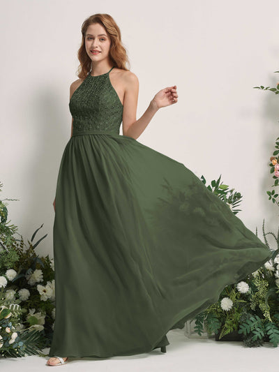 Carlyna A-Linien-Kleid Rundhals Bodenlang Brautjungfernkleider Martini-Olive #farbe_martini-olive