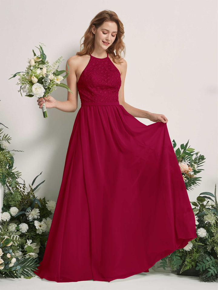 Carlyna A-Linien-Kleid Rundhals Bodenlang Brautjungfernkleider Narrenrot 