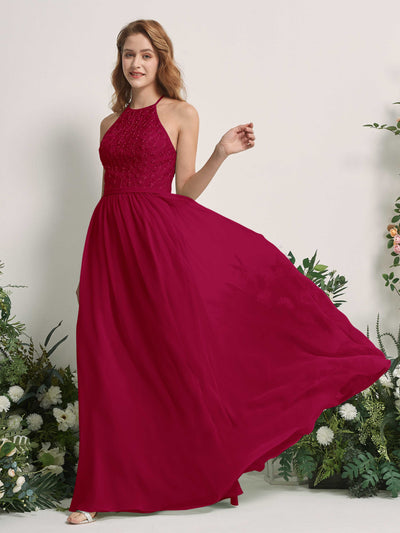 Carlyna A-Linien-Kleid Rundhals Bodenlang Brautjungfernkleider Narrenrot #farbe_narrenrot