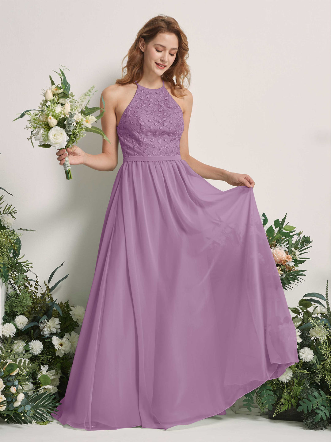 Carlyna A-Linien-Kleid Rundhals Bodenlang Brautjungfernkleider Orchideen-Nebel 