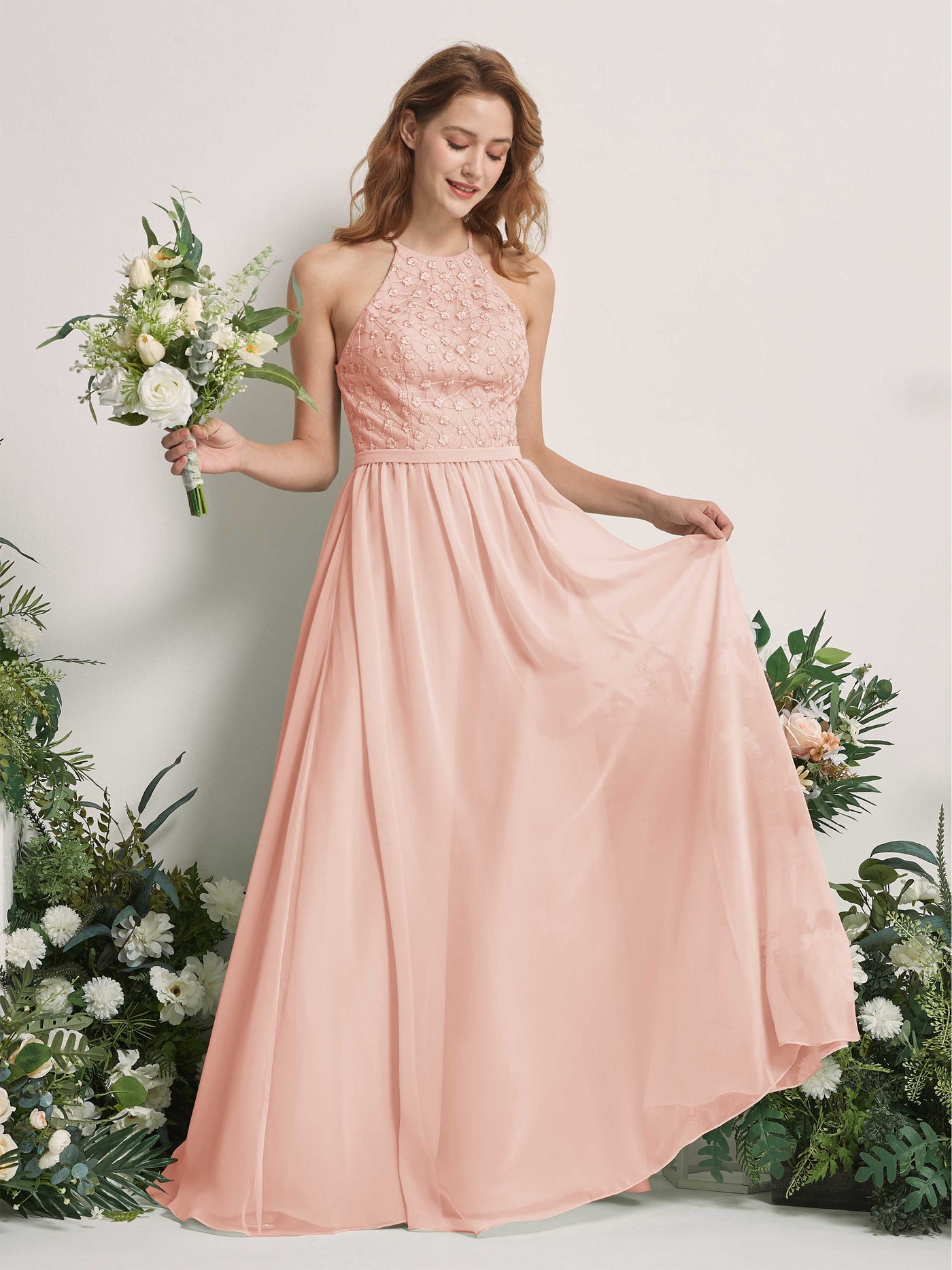 Carlyna A-Linien-Kleid Rundhals Bodenlang Brautjungfernkleider Perlrosa #farbe_perlrosa