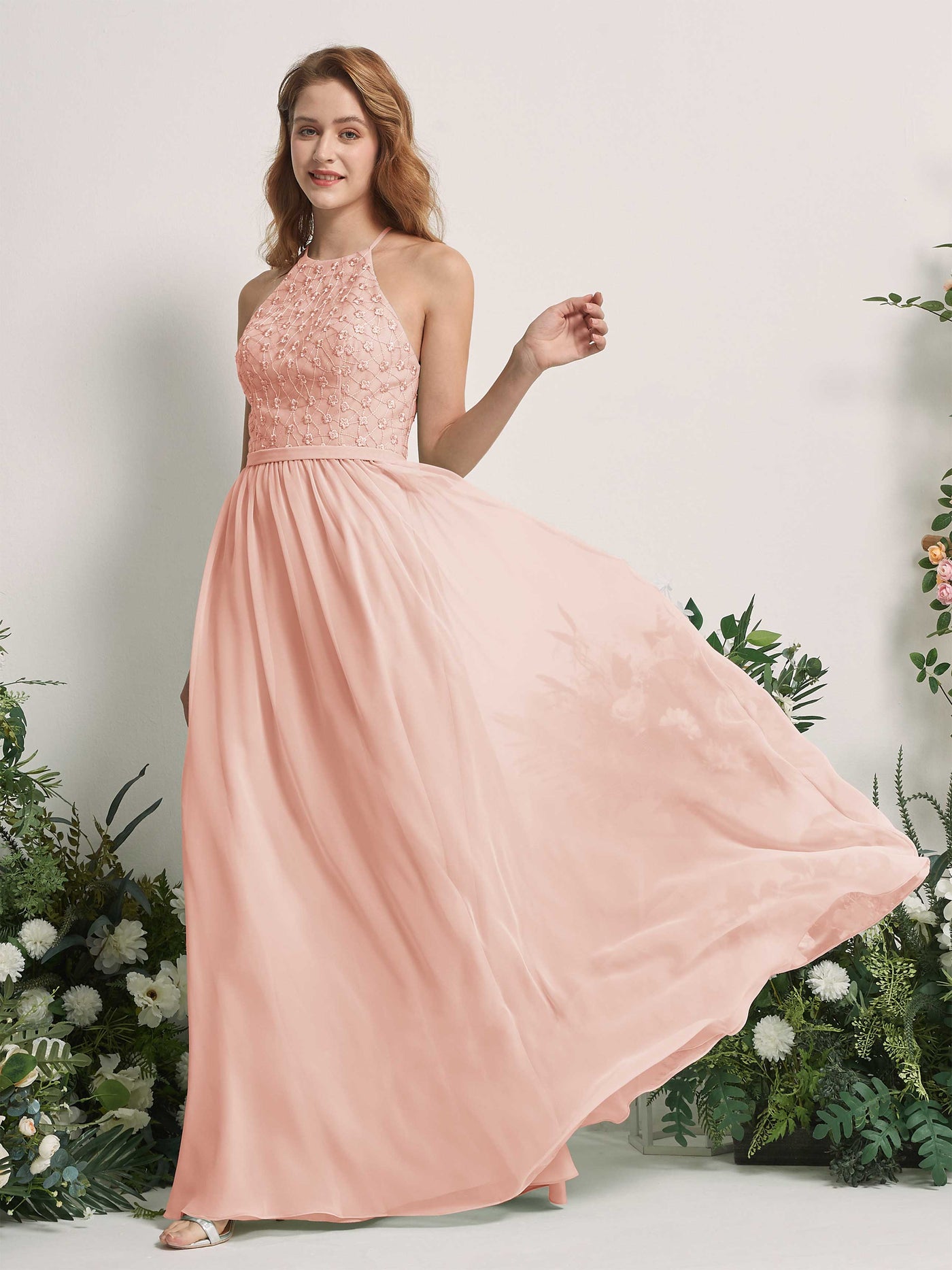 Carlyna A-Linien-Kleid Rundhals Bodenlang Brautjungfernkleider Perlrosa #farbe_perlrosa