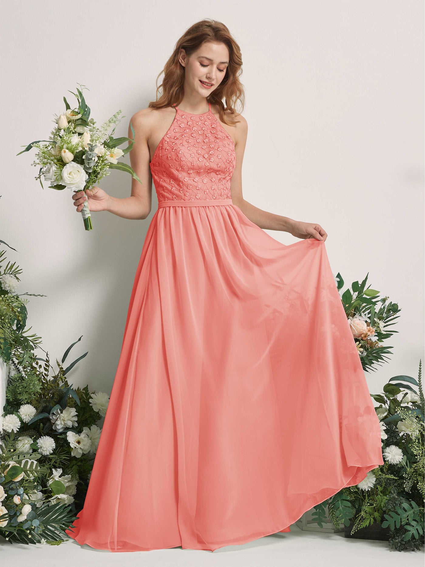 Carlyna A-Linien-Kleid Rundhals Bodenlang Brautjungfernkleider Pfirsichrosa #farbe_pfirsichrosa
