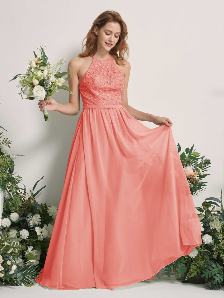 Carlyna A-Linien-Kleid Rundhals Bodenlang Brautjungfernkleider Pfirsichrosa 