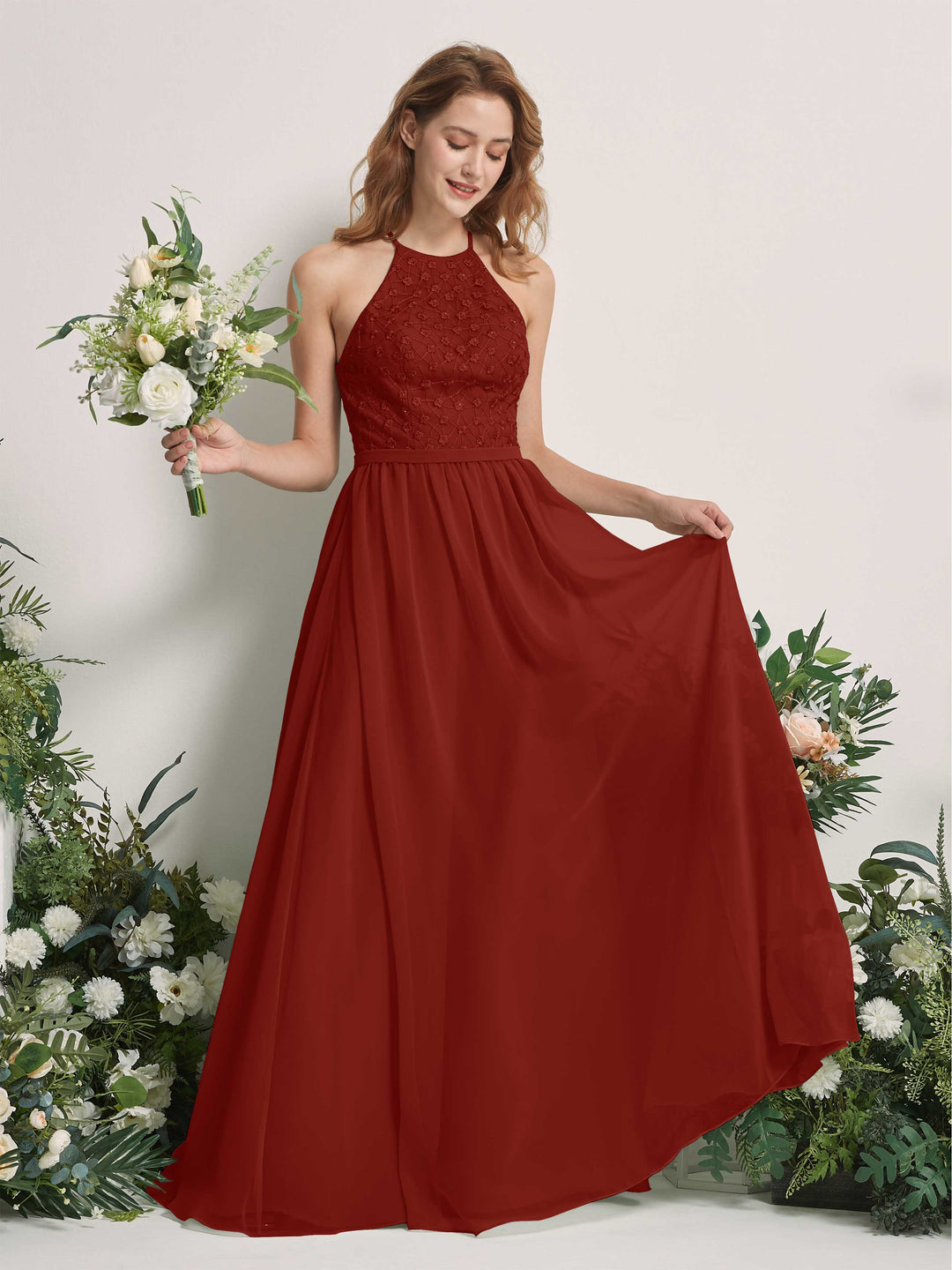 Carlyna A-Linien-Kleid Rundhals Bodenlang Brautjungfernkleider Rostrot 
