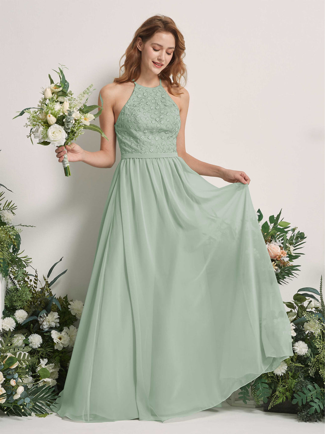 Carlyna A-Linien-Kleid Rundhals Bodenlang Brautjungfernkleider Salbeigrün 