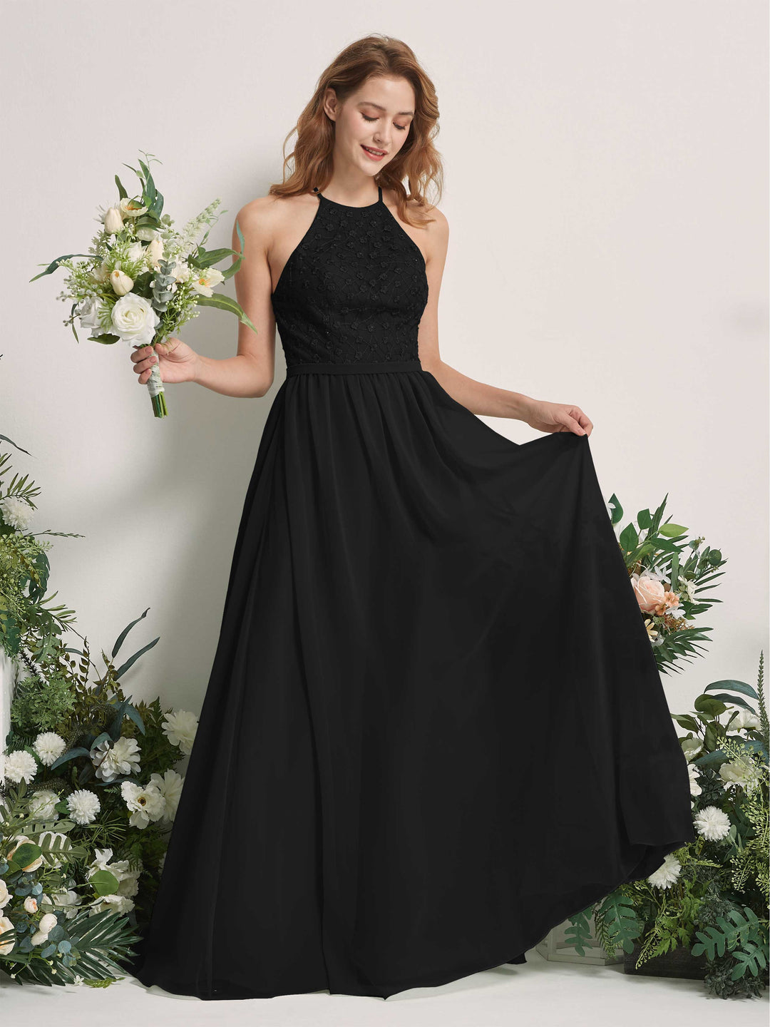 Carlyna A-Linien-Kleid Rundhals Bodenlang Brautjungfernkleider Schwarz 