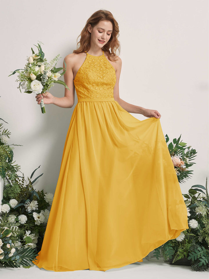 Carlyna A-Linien-Kleid Rundhals Bodenlang Brautjungfernkleider Senfgelb 