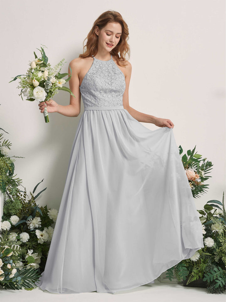 Carlyna A-Linien-Kleid Rundhals Bodenlang Brautjungfernkleider Silber 