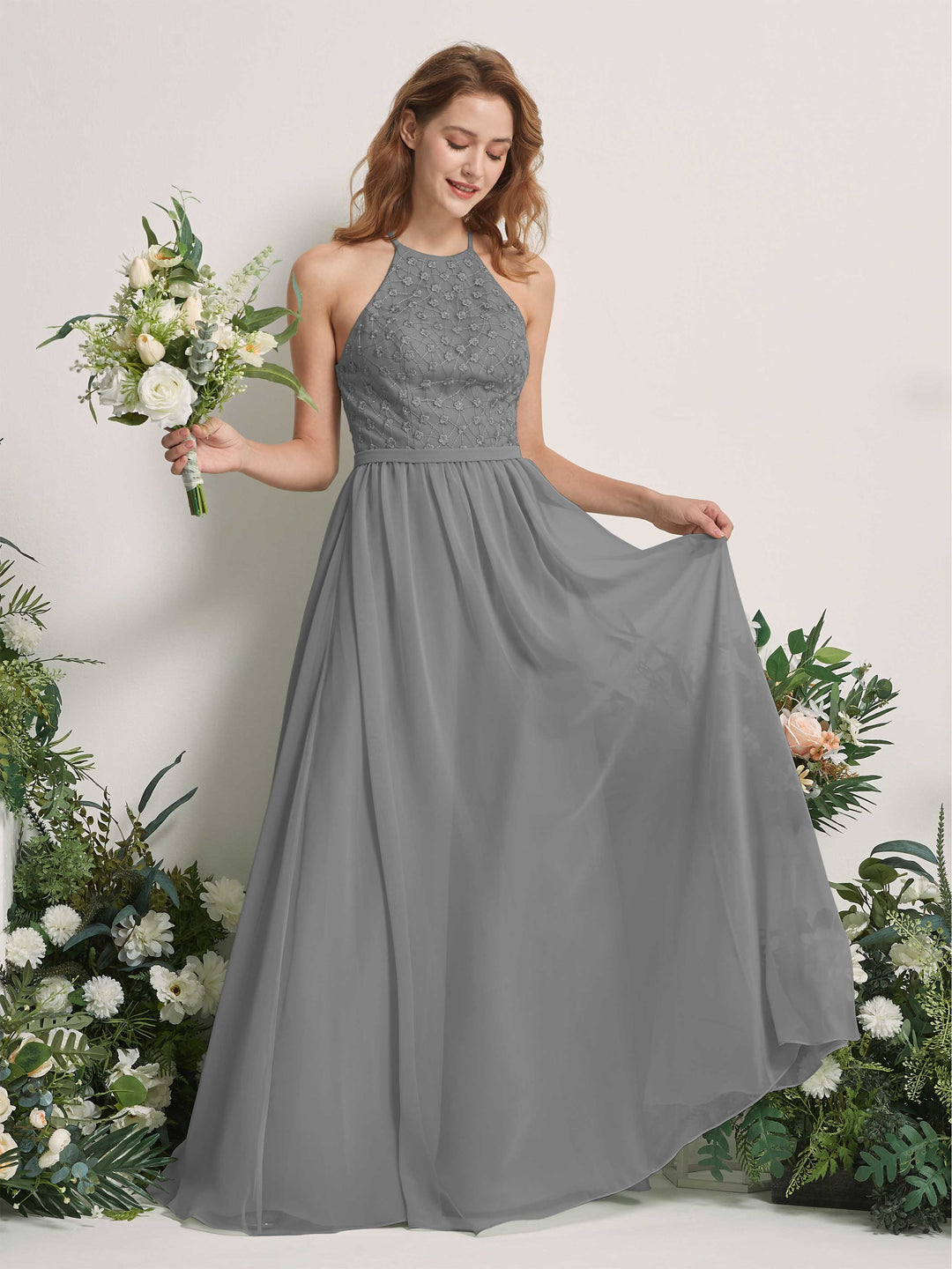 Carlyna A-Linien-Kleid Rundhals Bodenlang Brautjungfernkleider Stahlgrau 