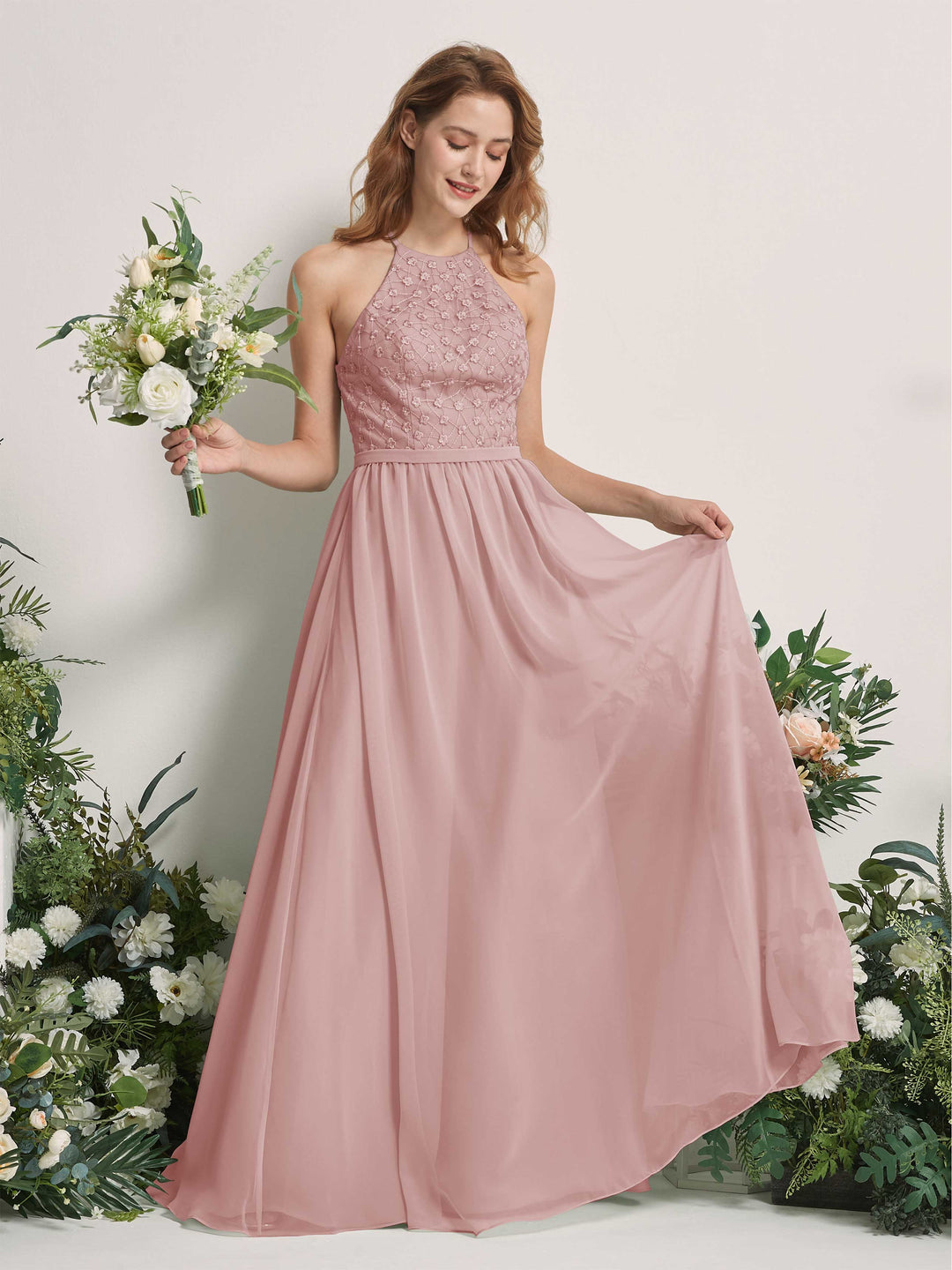 Carlyna A-Linien-Kleid Rundhals Bodenlang Brautjungfernkleider Staubige Rose 