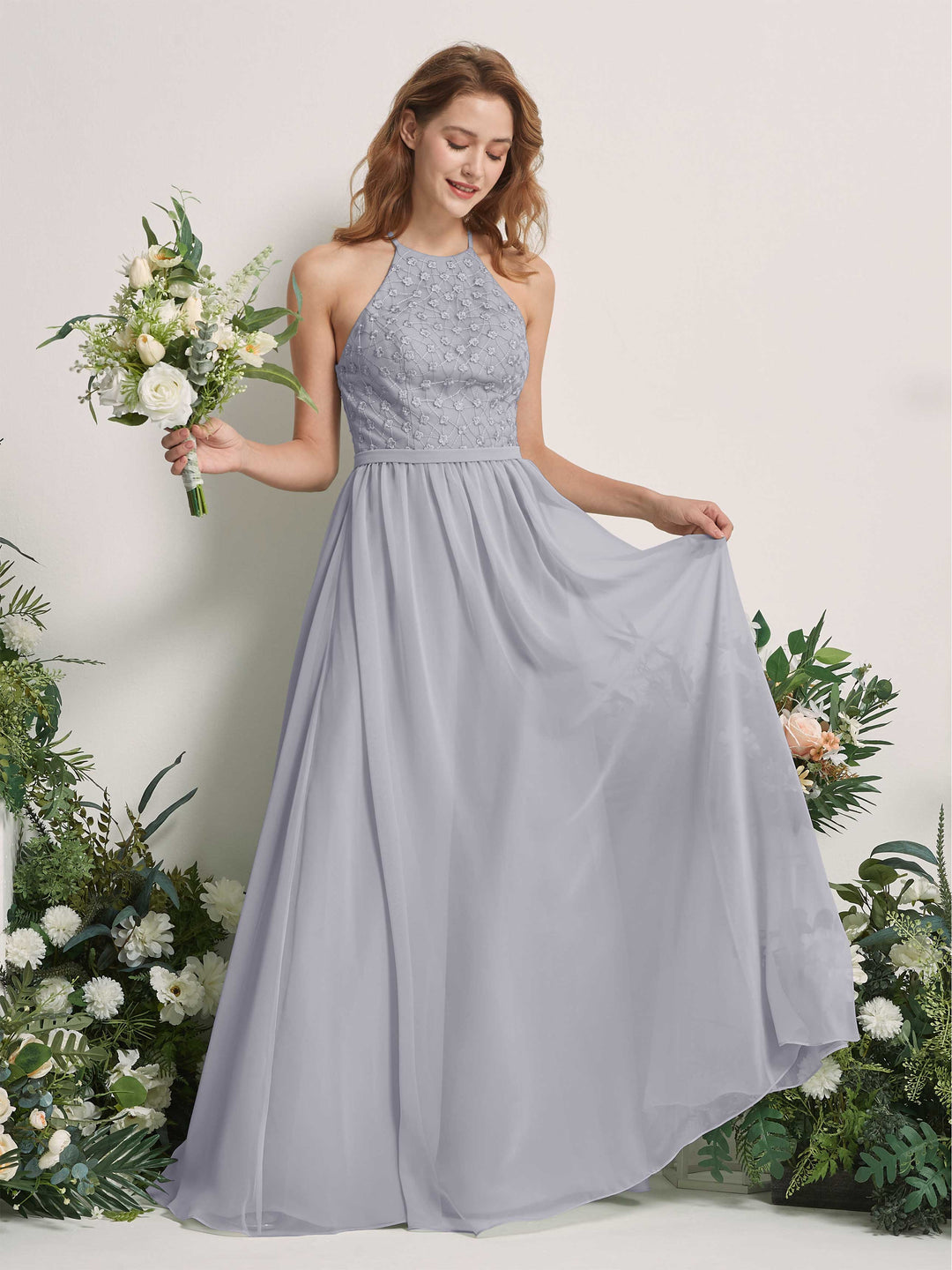 Carlyna A-Linien-Kleid Rundhals Bodenlang Brautjungfernkleider Staubiger Lavendel 