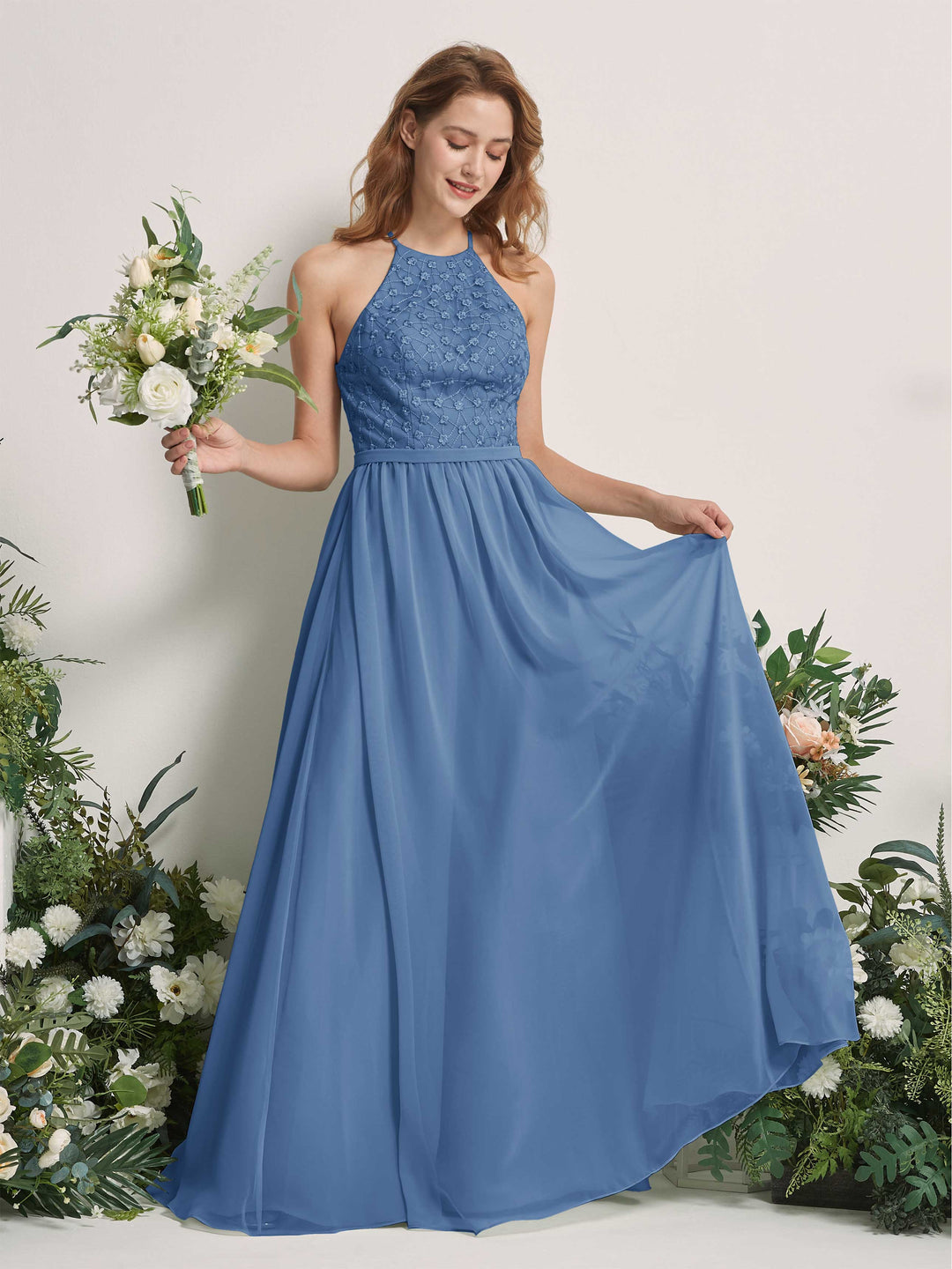 Carlyna A-Linien-Kleid Rundhals Bodenlang Brautjungfernkleider Staubiges Blau 