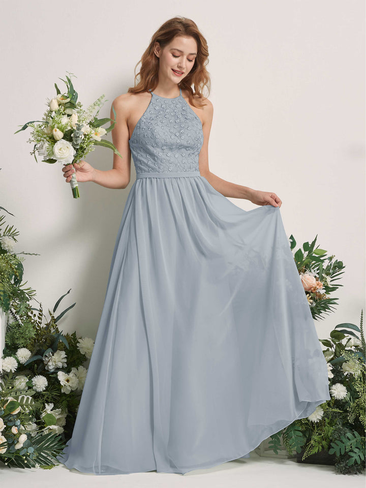 Carlyna A-Linien-Kleid Rundhals Bodenlang Brautjungfernkleider Staubiges Blau-Upgrade 