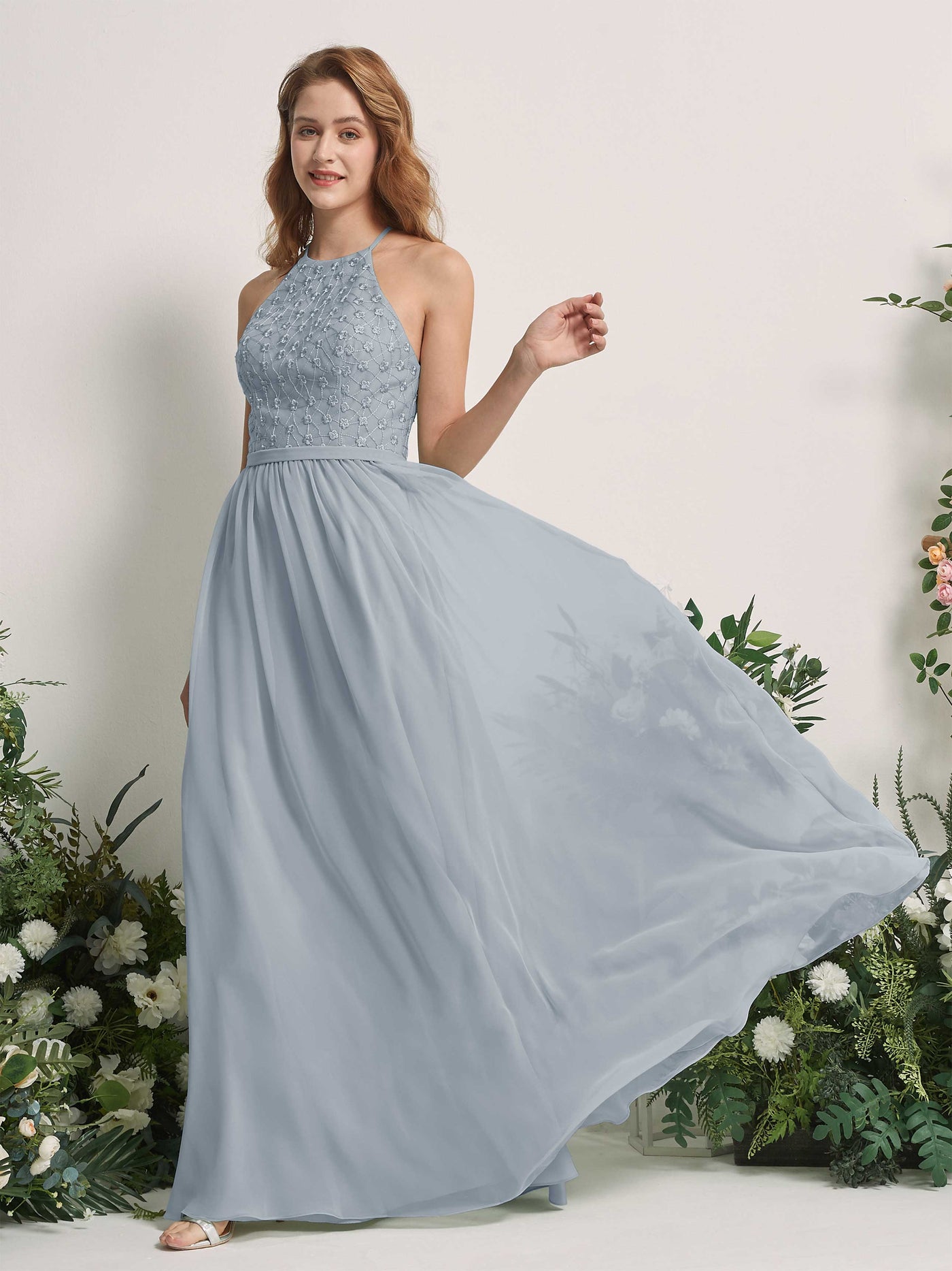 Carlyna A-Linien-Kleid Rundhals Bodenlang Brautjungfernkleider Staubiges Blau-Upgrade #farbe_staubiges-blau-upgrade