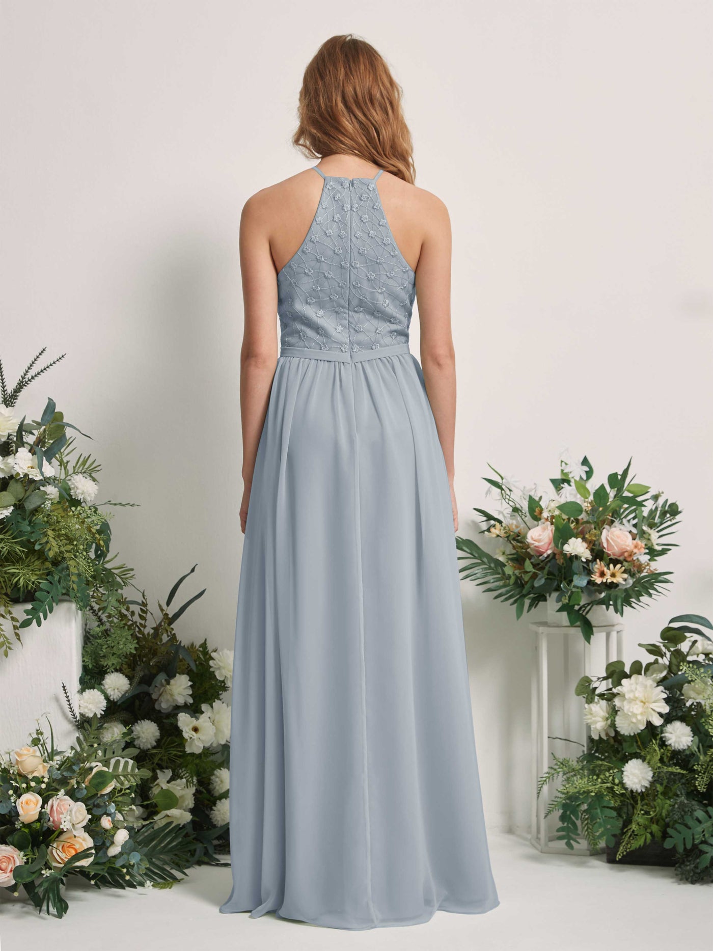 Carlyna A-Linien-Kleid Rundhals Bodenlang Brautjungfernkleider Staubiges Blau-Upgrade #farbe_staubiges-blau-upgrade