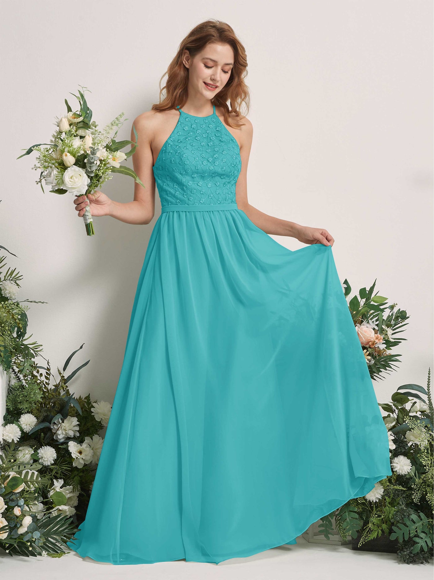 Carlyna A-Linien-Kleid Rundhals Bodenlang Brautjungfernkleider Türkis #farbe_t-rkis