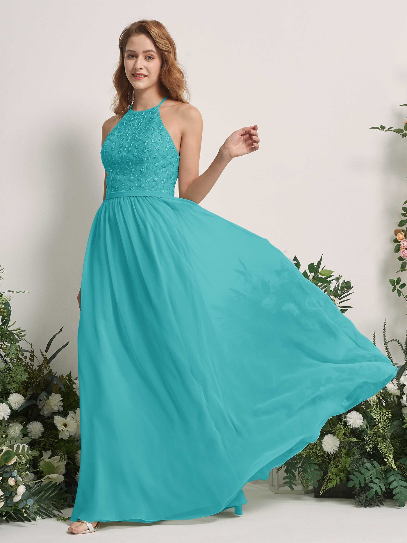 Carlyna A-Linien-Kleid Rundhals Bodenlang Brautjungfernkleider Türkis #farbe_t-rkis
