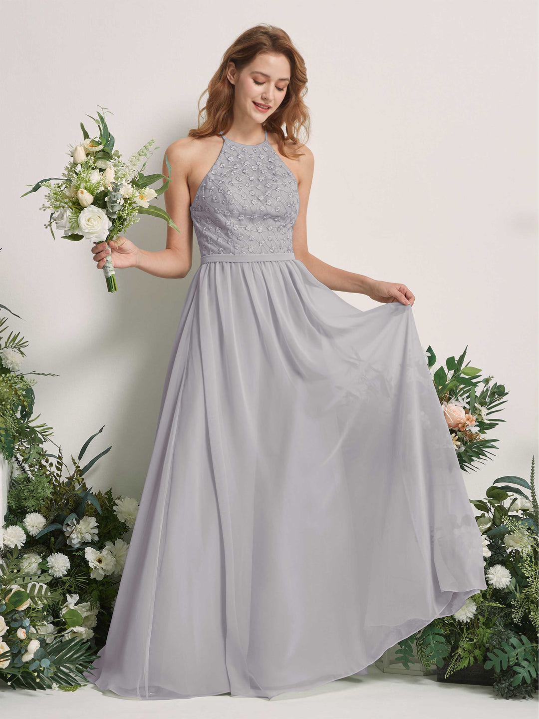 Carlyna A-Linien-Kleid Rundhals Bodenlang Brautjungfernkleider Taube 