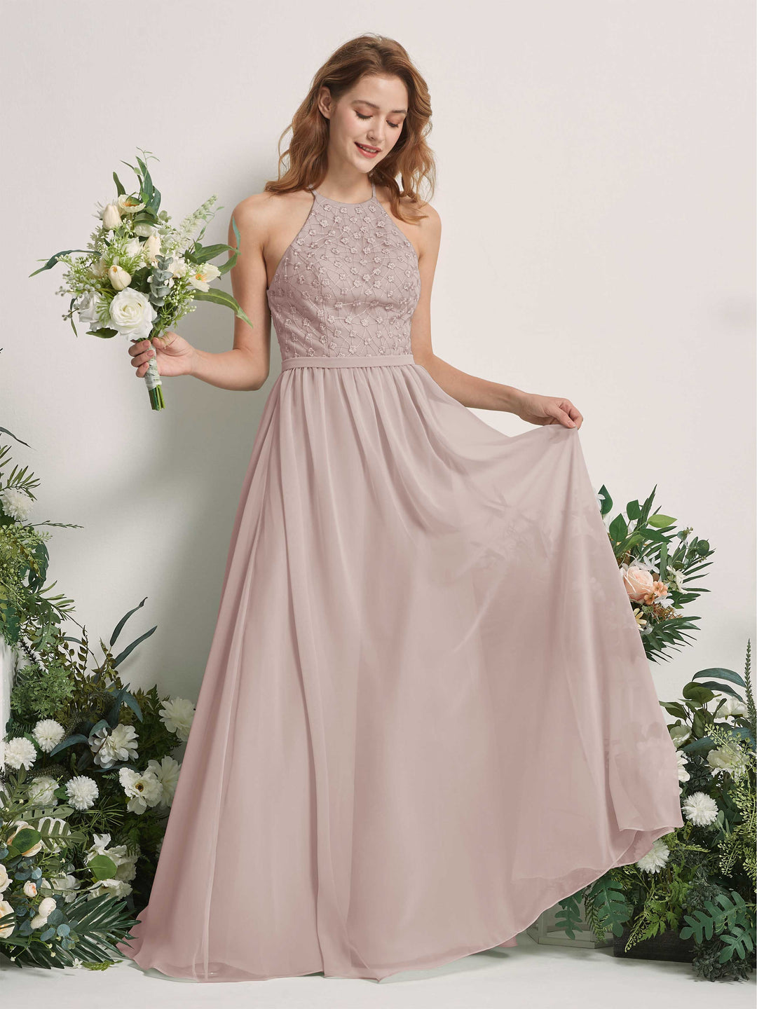 Carlyna A-Linien-Kleid Rundhals Bodenlang Brautjungfernkleider Taupe 
