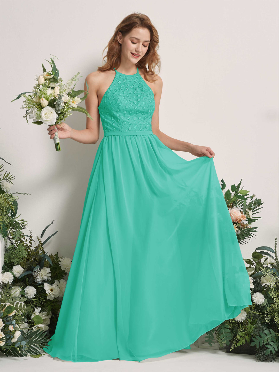 Carlyna A-Linien-Kleid Rundhals Bodenlang Brautjungfernkleider Tiffany-Blau 