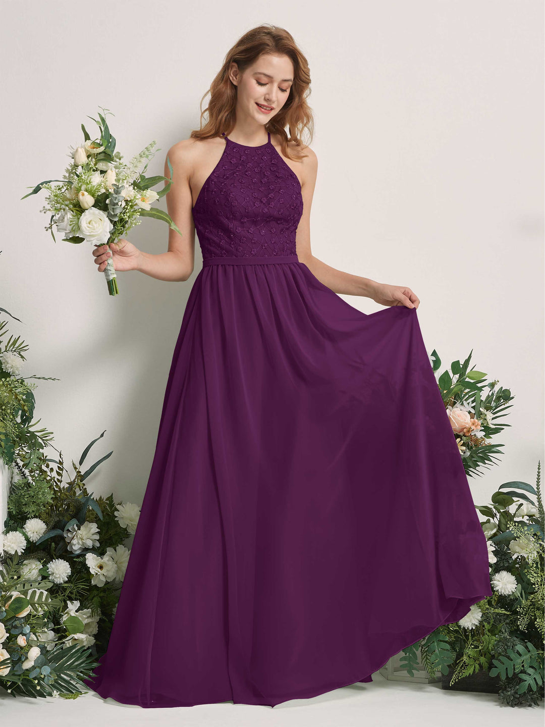 Carlyna A-Linien-Kleid Rundhals Bodenlang Brautjungfernkleider Traube 