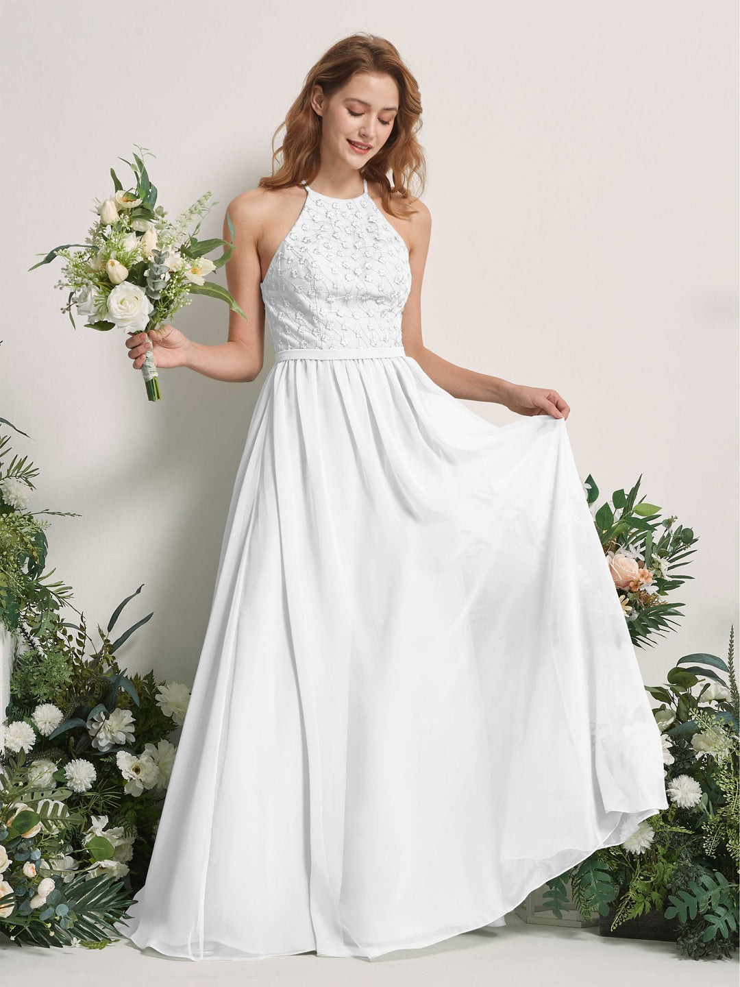 Carlyna A-Linien-Kleid Rundhals Bodenlang Brautjungfernkleider Weiß 