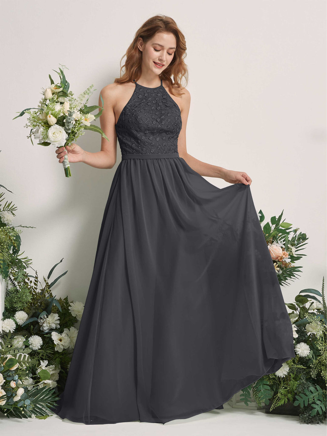 Carlyna A-Linien-Kleid Rundhals Bodenlang Brautjungfernkleider Zinnfarben 