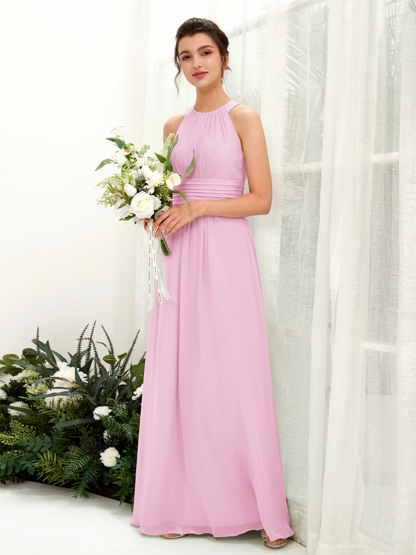 Carlyna A-Linien-Kleid Rundhals Bodenlang gerafft Brautjungfernkleider Bonbonrosa #farbe_bonbonrosa