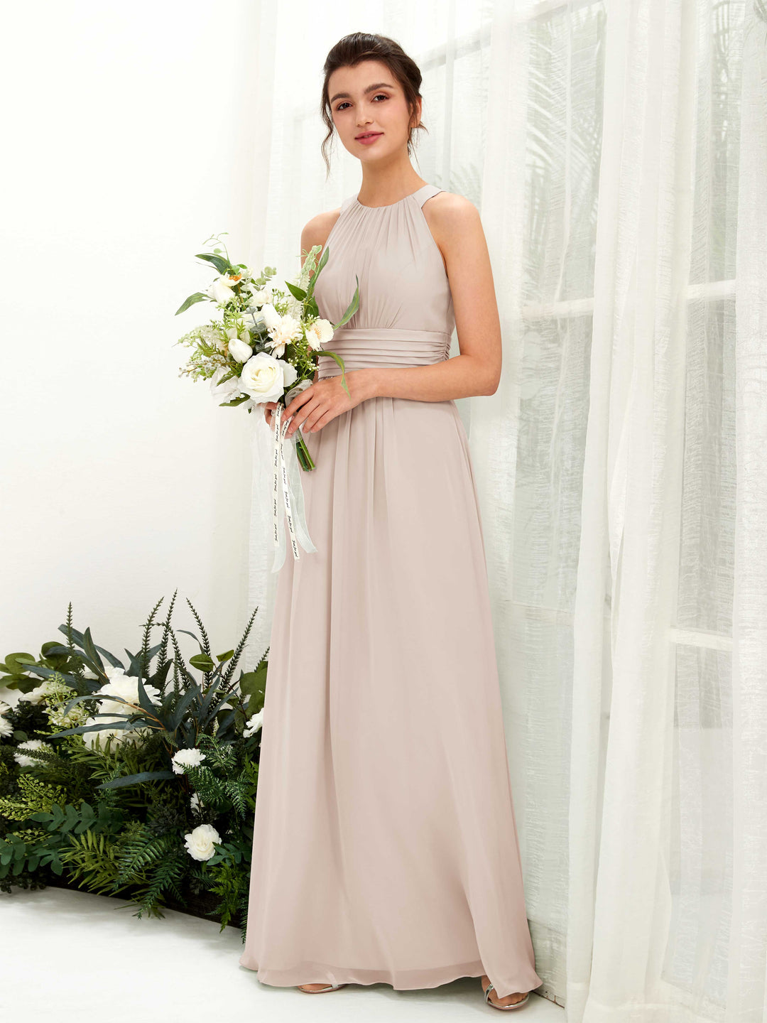 Carlyna A-Linien-Kleid Rundhals Bodenlang gerafft Brautjungfernkleider Champagner 