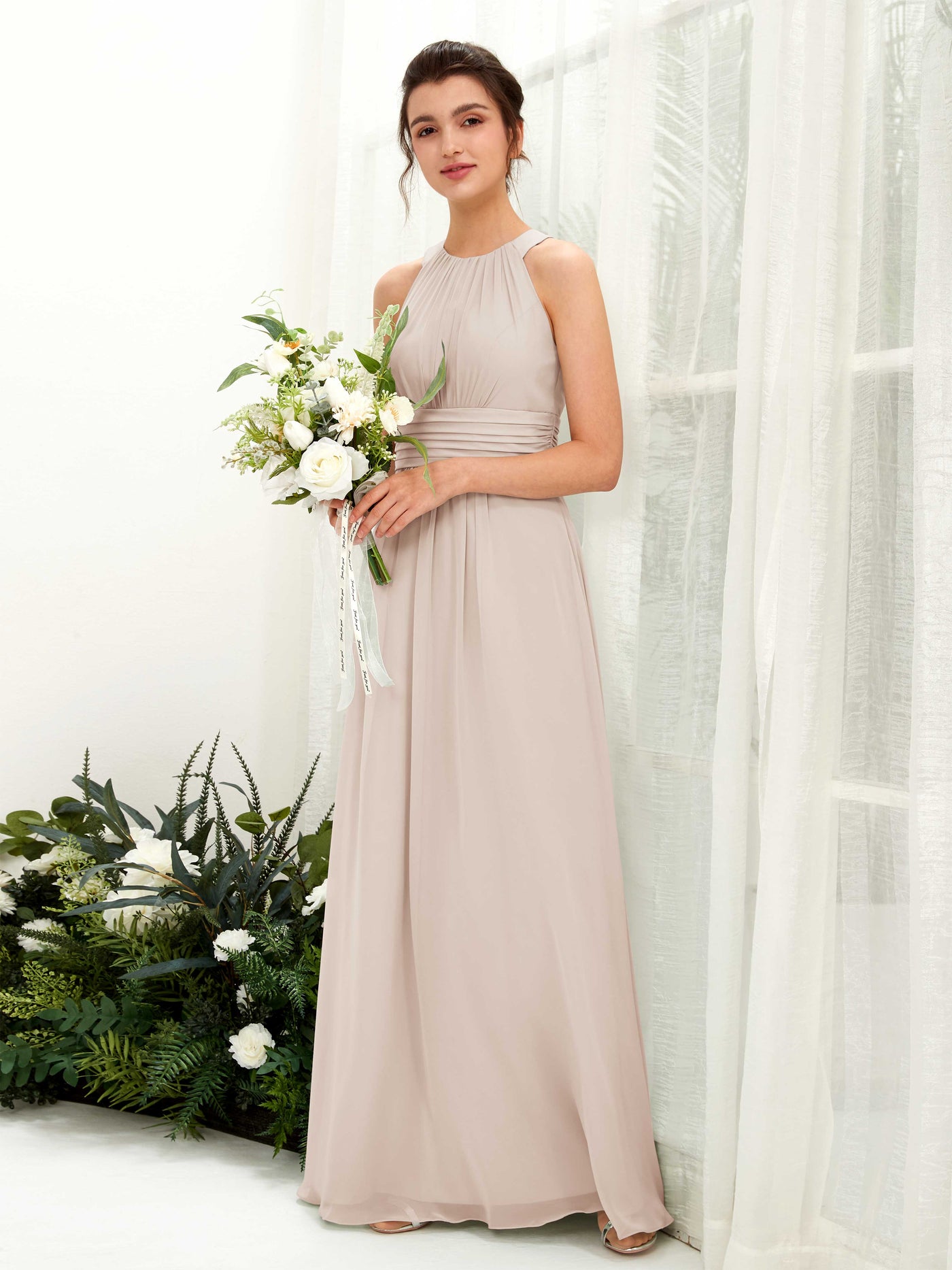 Carlyna A-Linien-Kleid Rundhals Bodenlang gerafft Brautjungfernkleider Champagner #farbe_champagner