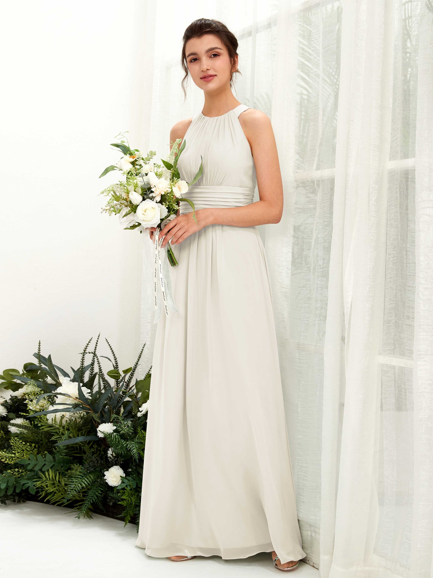 Carlyna A-Linien-Kleid Rundhals Bodenlang gerafft Brautjungfernkleider Elfenbein #farbe_elfenbein
