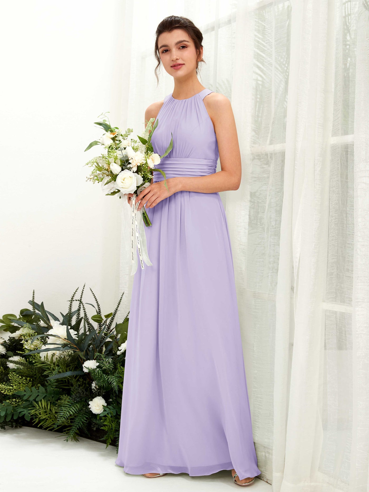 Carlyna A-Linien-Kleid Rundhals Bodenlang gerafft Brautjungfernkleider Flieder #farbe_flieder