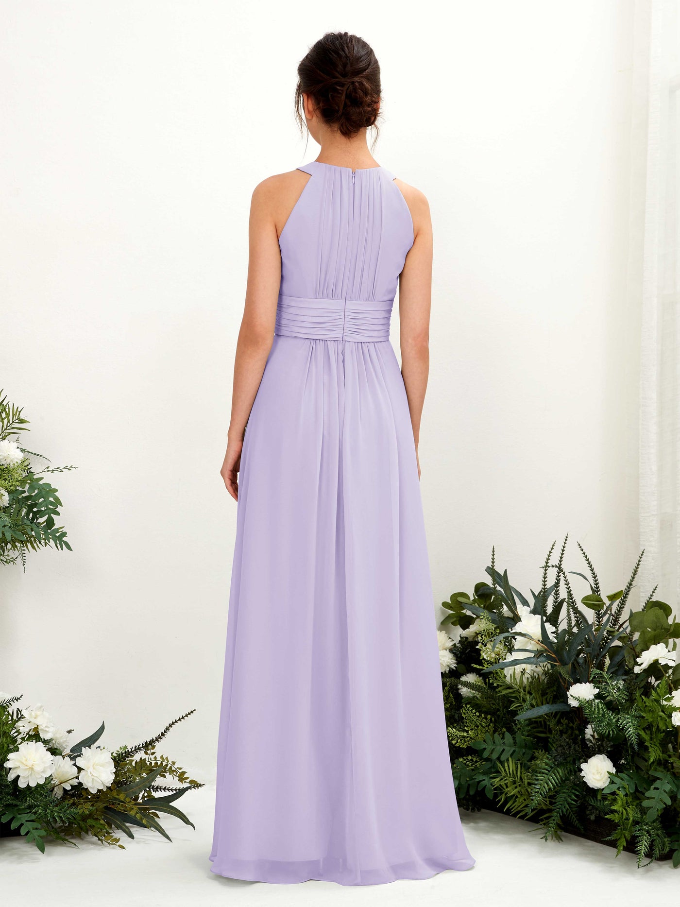 Carlyna A-Linien-Kleid Rundhals Bodenlang gerafft Brautjungfernkleider Flieder #farbe_flieder