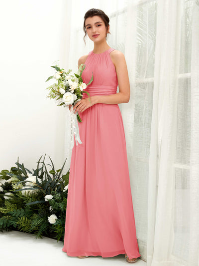 Carlyna A-Linien-Kleid Rundhals Bodenlang gerafft Brautjungfernkleider Korallenrosa #farbe_korallenrosa