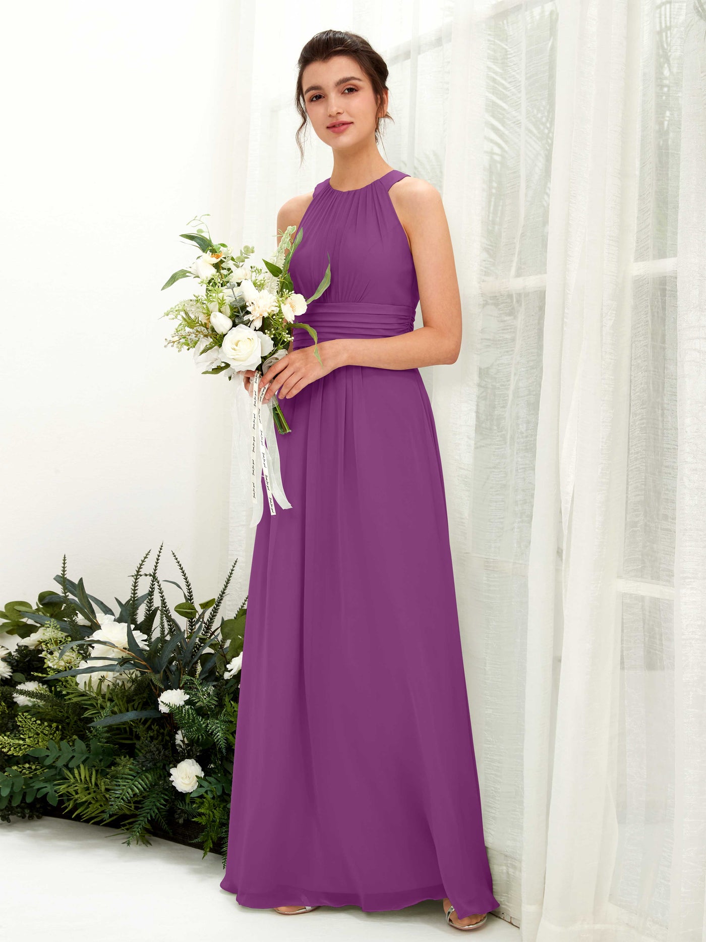 Carlyna A-Linien-Kleid Rundhals Bodenlang gerafft Brautjungfernkleider Lila #farbe_lila