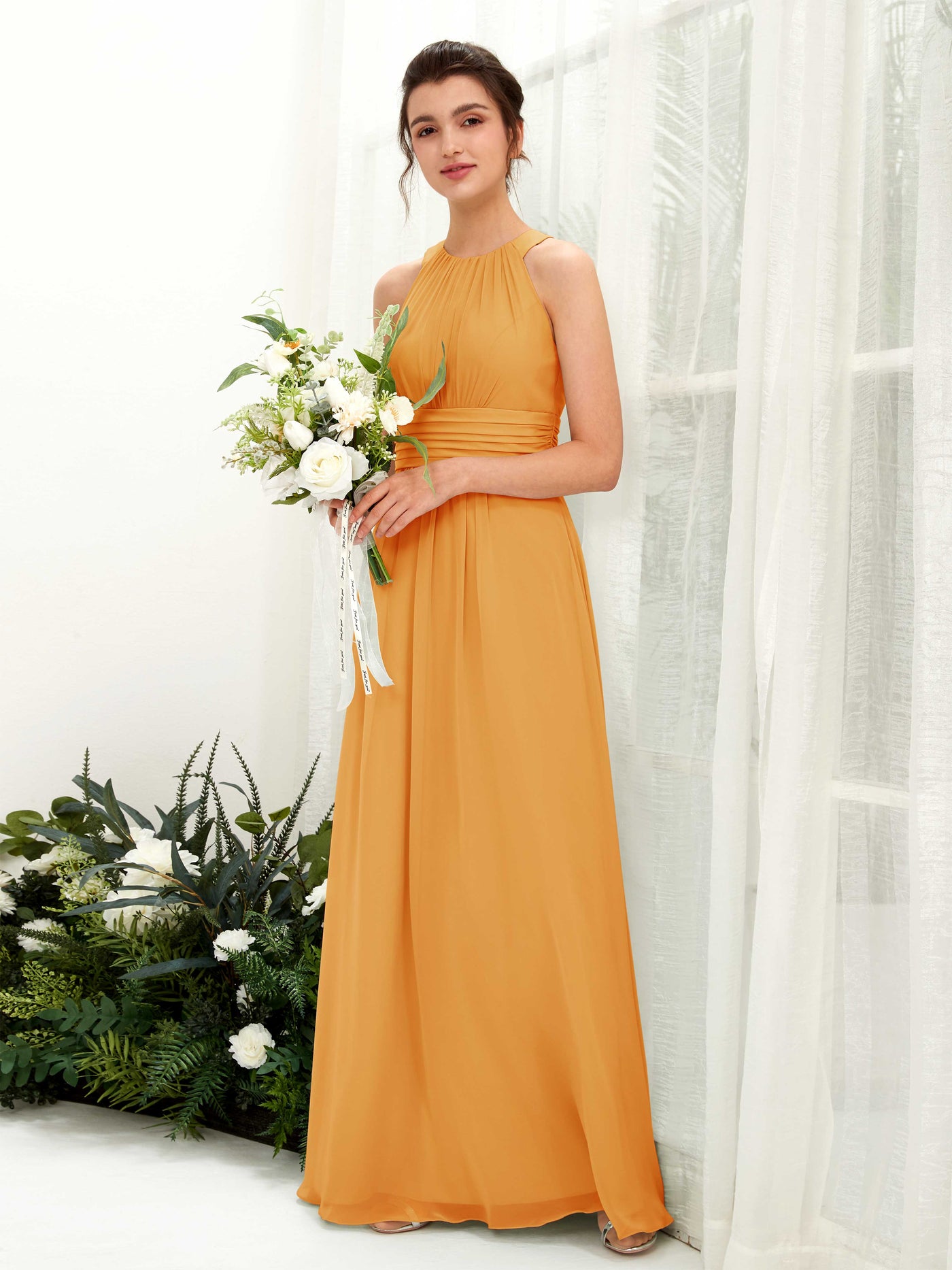 Carlyna A-Linien-Kleid Rundhals Bodenlang gerafft Brautjungfernkleider Mango #farbe_mango