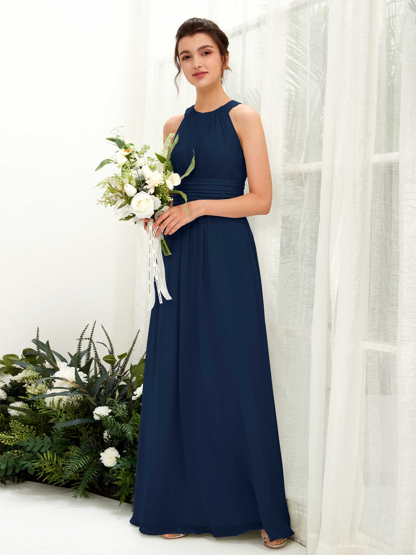 Carlyna A-Linien-Kleid Rundhals Bodenlang gerafft Brautjungfernkleider Marineblau #farbe_marineblau