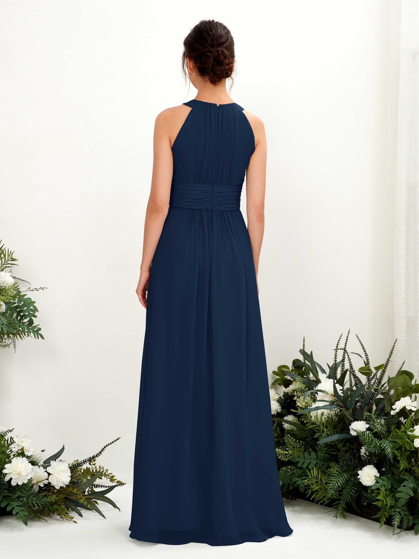 Carlyna A-Linien-Kleid Rundhals Bodenlang gerafft Brautjungfernkleider Marineblau #farbe_marineblau