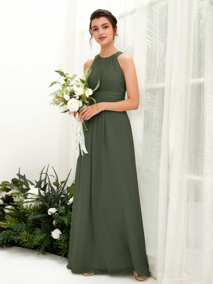 Carlyna A-Linien-Kleid Rundhals Bodenlang gerafft Brautjungfernkleider Martini-Olive 