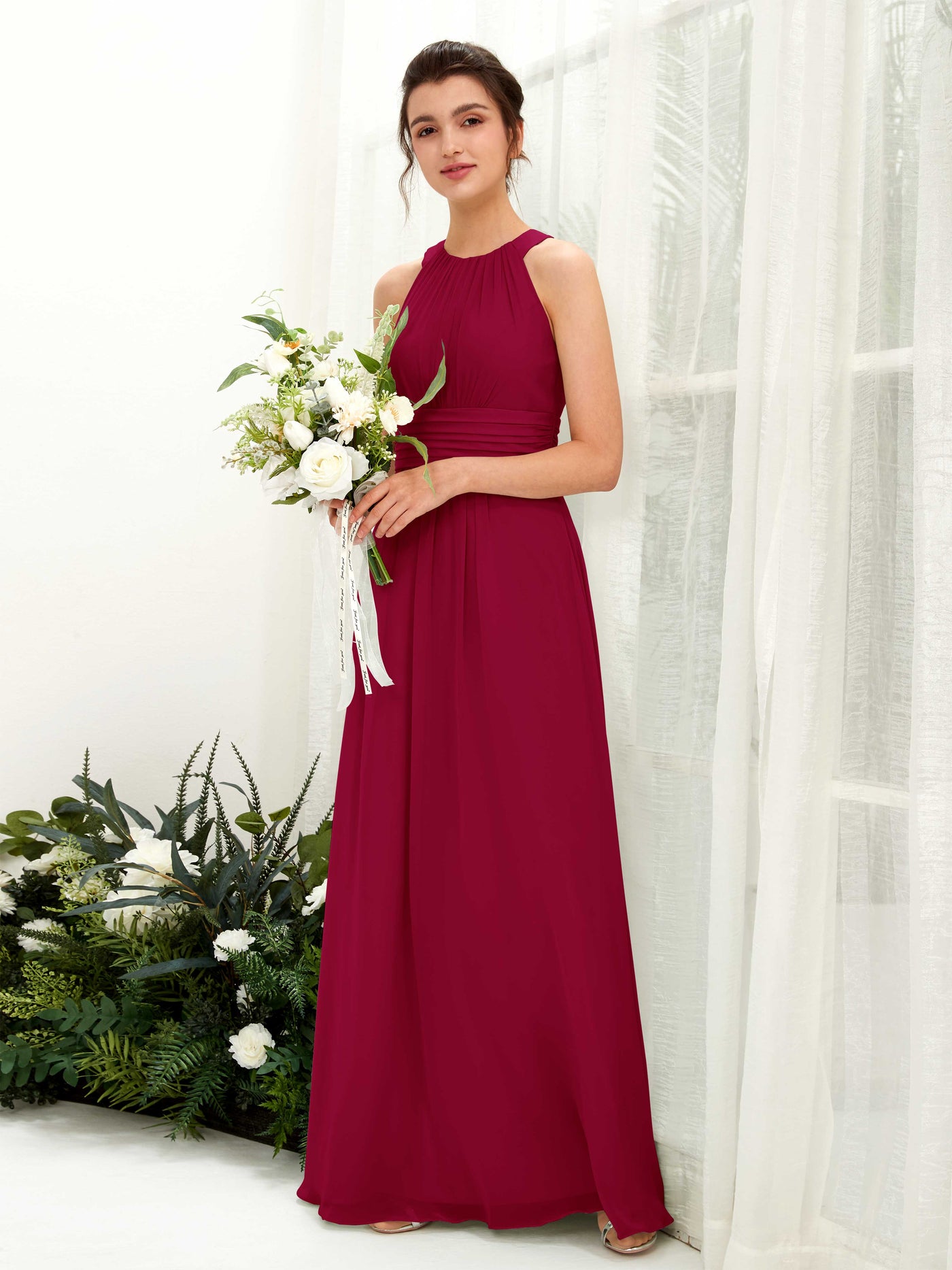 Carlyna A-Linien-Kleid Rundhals Bodenlang gerafft Brautjungfernkleider Narrenrot #farbe_narrenrot