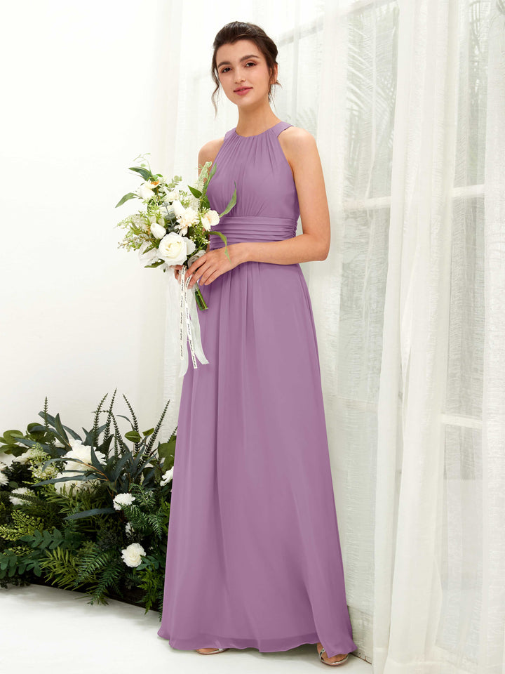 Carlyna A-Linien-Kleid Rundhals Bodenlang gerafft Brautjungfernkleider Orchideen-Nebel 