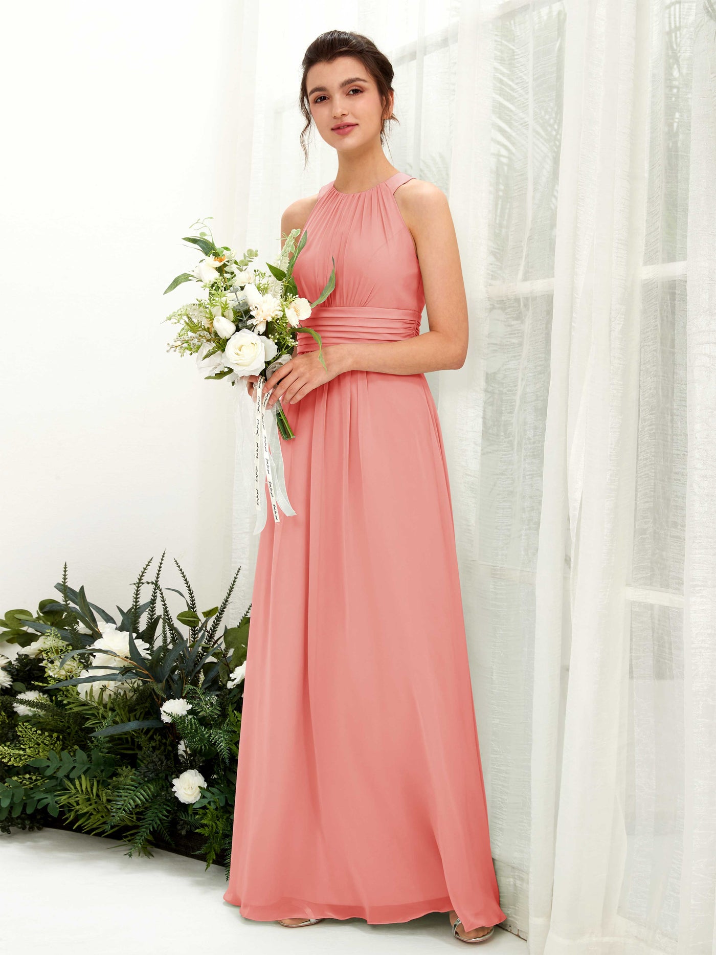 Carlyna A-Linien-Kleid Rundhals Bodenlang gerafft Brautjungfernkleider Pfirsichrosa #farbe_pfirsichrosa