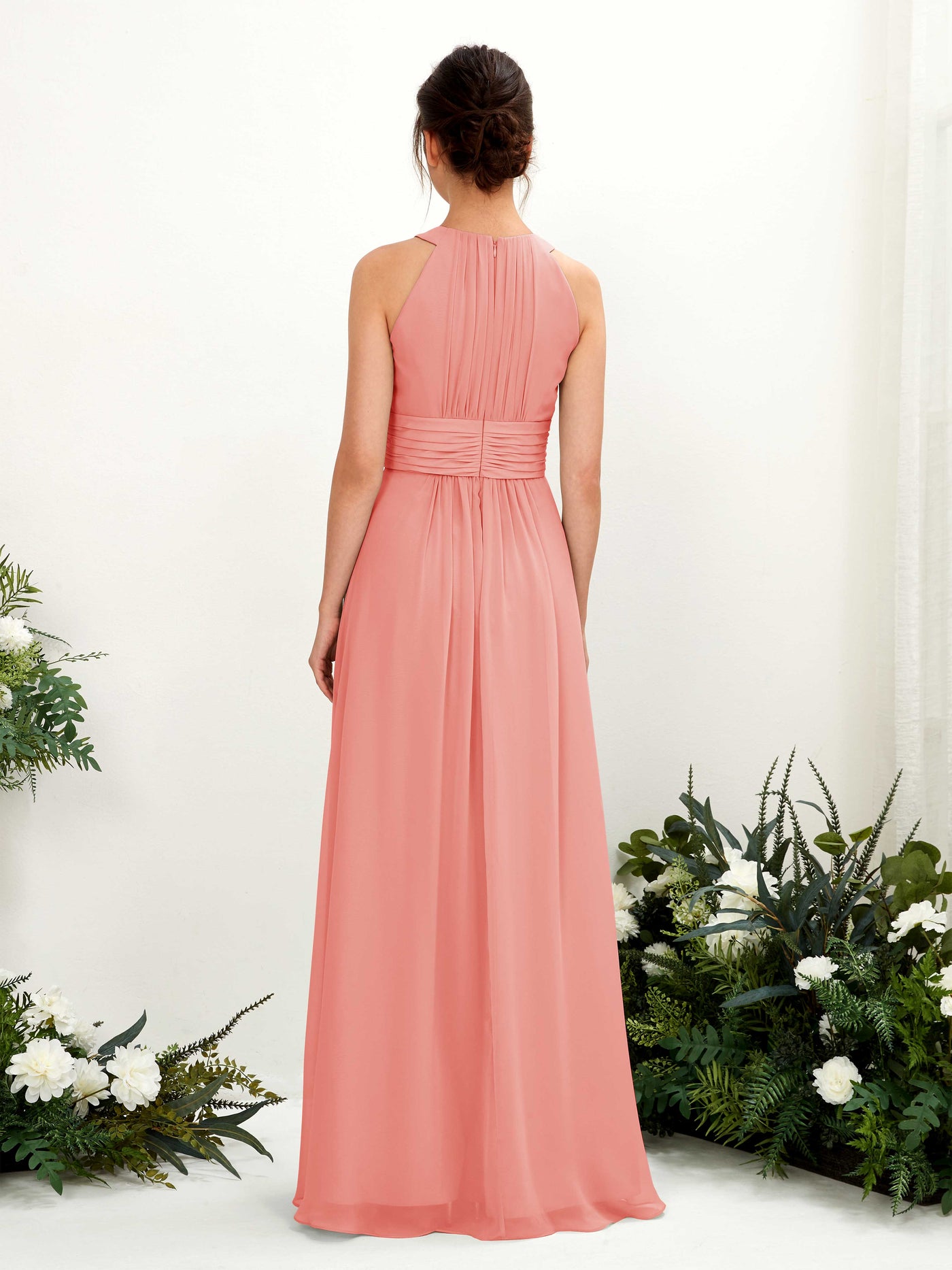 Carlyna A-Linien-Kleid Rundhals Bodenlang gerafft Brautjungfernkleider Pfirsichrosa #farbe_pfirsichrosa